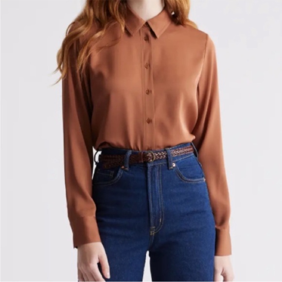 Quince Tops - Quince 90% Silk Copper Washable Long Sleeve Button Down Shirt